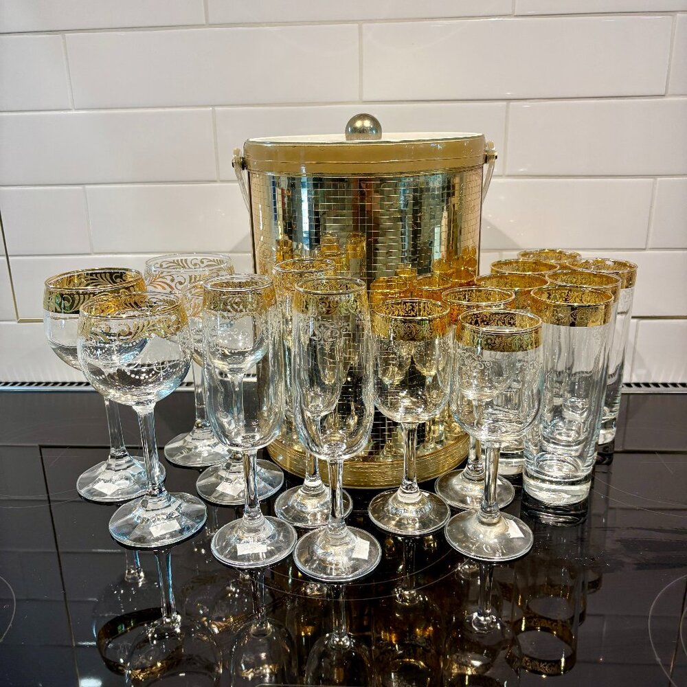 ✨ Vintage Culver 22K Gold Barware Set w/ Ice Bucket – 17‎ Pc Mid-Century Modern